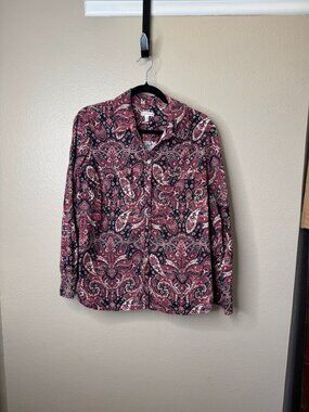 Croft & Barrow Womens Red Black Paisley Button-Up Long Sleeve Shirt L 100% Cotto